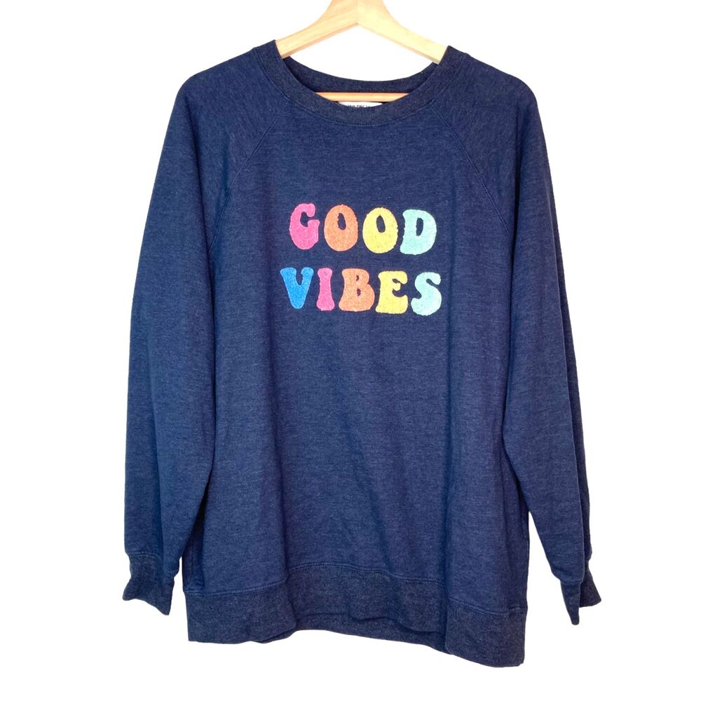 Wildfox Size Small Navy Blue GOOD VIBES Pullover Sweatshirt Loungewear